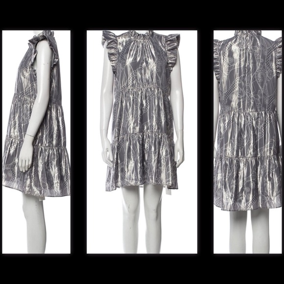 Marie Oliver Metallic Printed Tent Babydoll Tiered Ruffle Sleeves Retro Dress XS - Picture 2 of 15